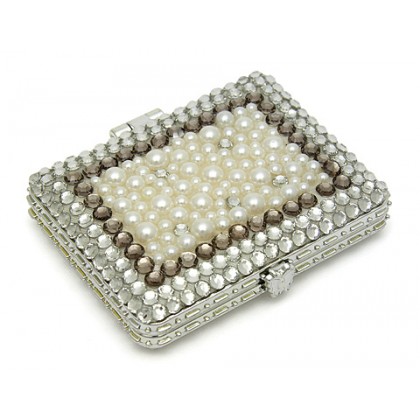 Compact Mirror - 12 PCS - Fabric w/ Rhinestones And Pearls - MR-GM1306